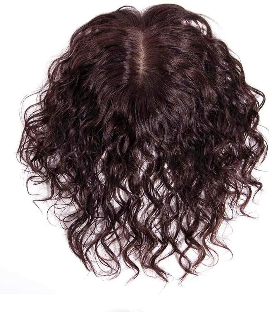 Lockiger Echthaar-Topper 11,9 x 14 cm U-förmiger Silikonboden, Haaraufsatz für Frauen mit dünnem Haar, gewellte Clip-in-Haarverlängerung, Top-Haarteil, Damen-Toupet, 35,6 cm, Rotbraun