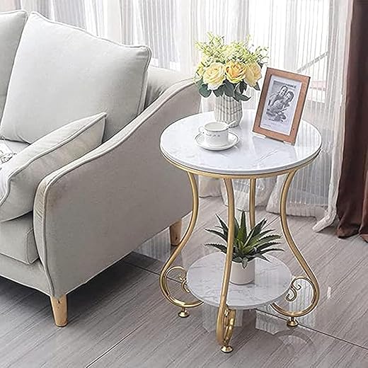 Avion Crafts Round Side Table with 2-Tier Marble Top, Gold Metal Legs, Modern Style for Living Room