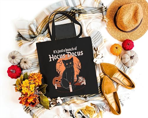 Miniatura 2 de Bolsa de lona con texto en inglés "It's Just A Bunch Of Hocus Pocus para mujeres" de Halloween, diseño de gato negro, reutilizable, bolsas de compras