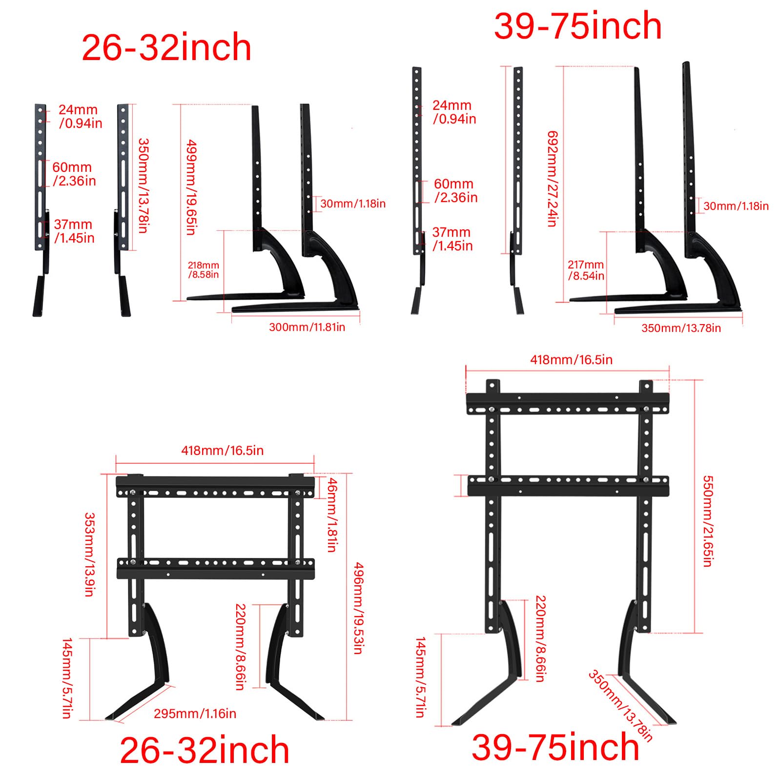 Base de soporte para televisores de mesa para televisores LCD LED de pantalla plana de 26 a 75 pulgadas, altura ajustable, soporta hasta 88 libras