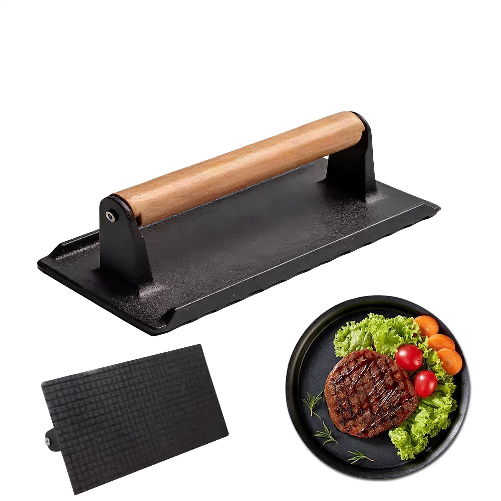 Pressa per bistecca con manico in legno, antiaderente, per barbecue all'aperto, campeggio, cucina di casa, frusta per hamburger perfettamente cotti