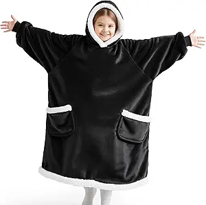Bedsure Blanket Hoodie, Wearable Blanket for Adults & Kids as Gifts for Women Men, Birthday Gifts for Women Mom Girl Sherpa Oversized Hoodie, Black, Kids