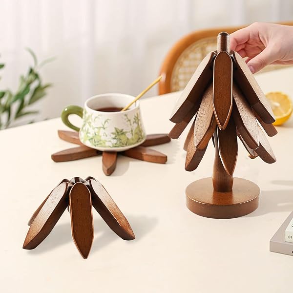 BDHYYM 23 cm de madera de árbol de Navidad resistente al calor, posavasos plegable para sartenes de cocina, ollas, sartenes, cubiertos y tazas - 3