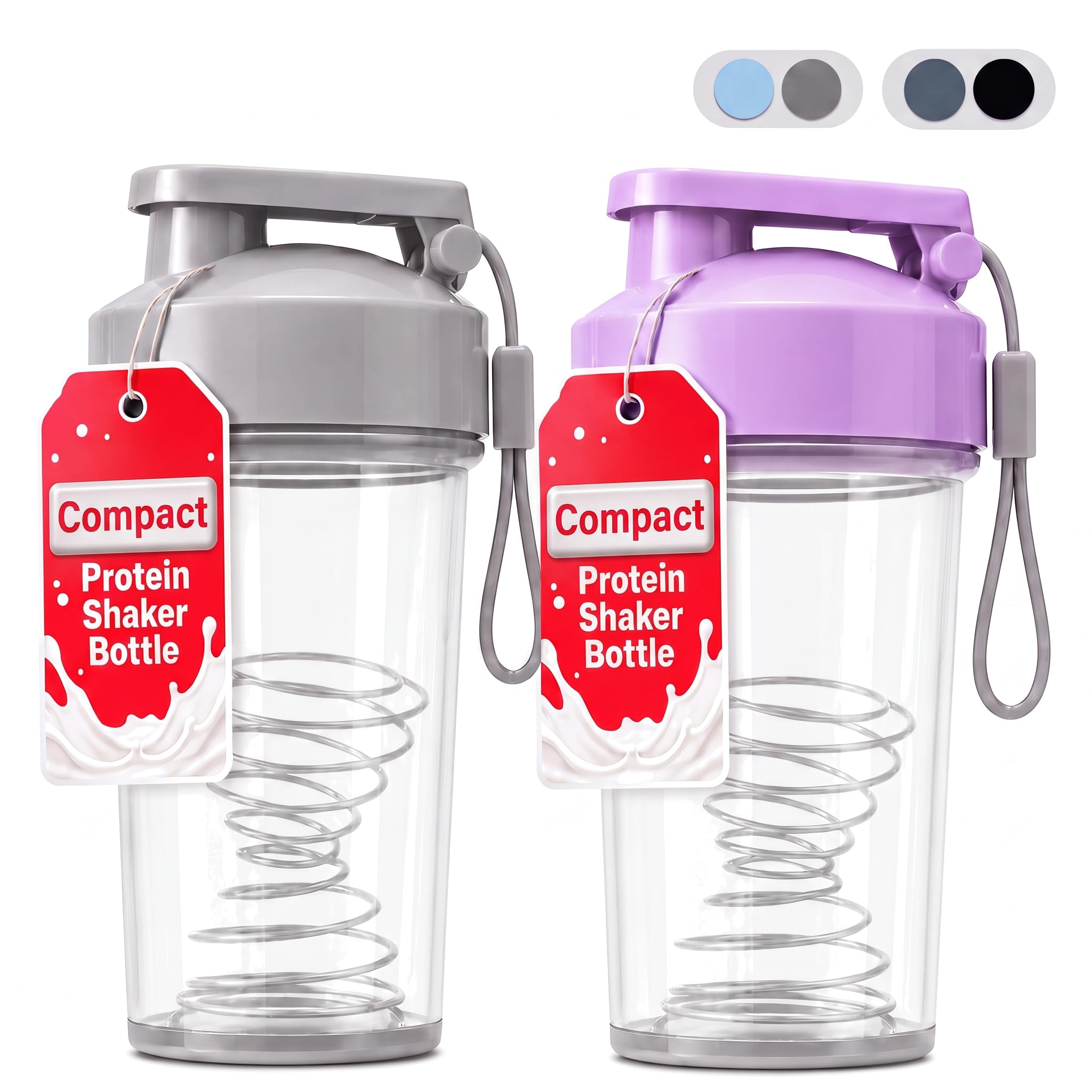 Travel-Friendly Small Shaker Bottle for Protein Shakes, Supplements: 2-Pack