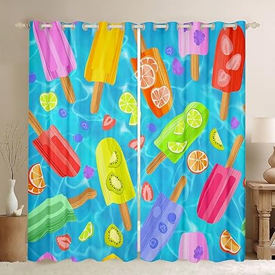 Colorful Popsicle Window Curtains,Fruits Pattern Curtain,Summer Cool Window Drapes for Kids Teens Boys Young Man,Modern Bedroom Decorative,Ice Cream Curtain,38Wx45L