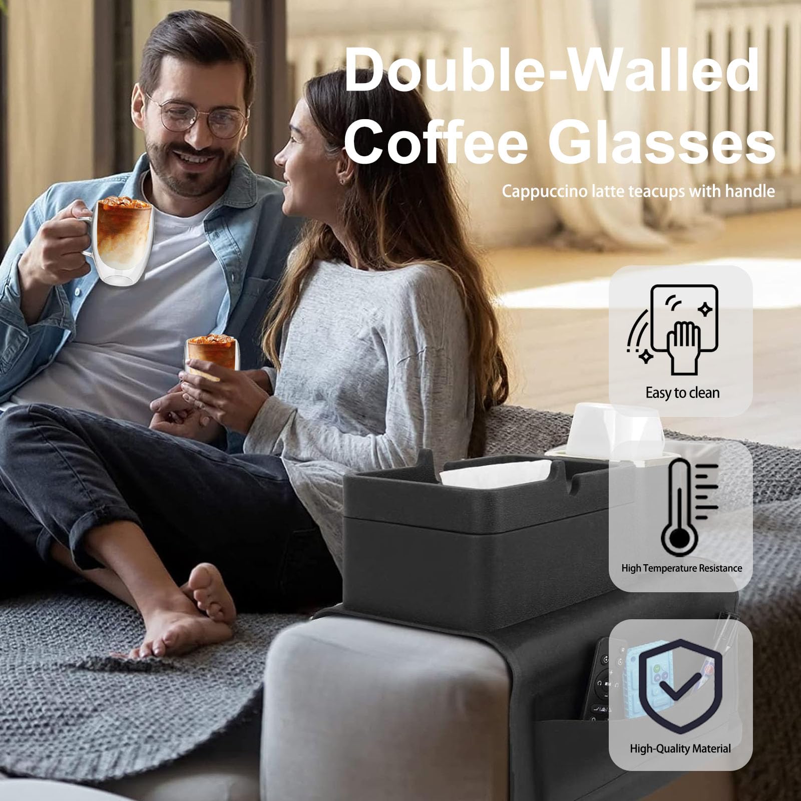 Doppelwandige Glas-Kaffeetassen, 350 ml, isolierte Latte-Gläser, 6 Stück, hohle isolierte Glas-Kaffeetassen mit Griff, für Latte, Cappuccino, hitzebeständig