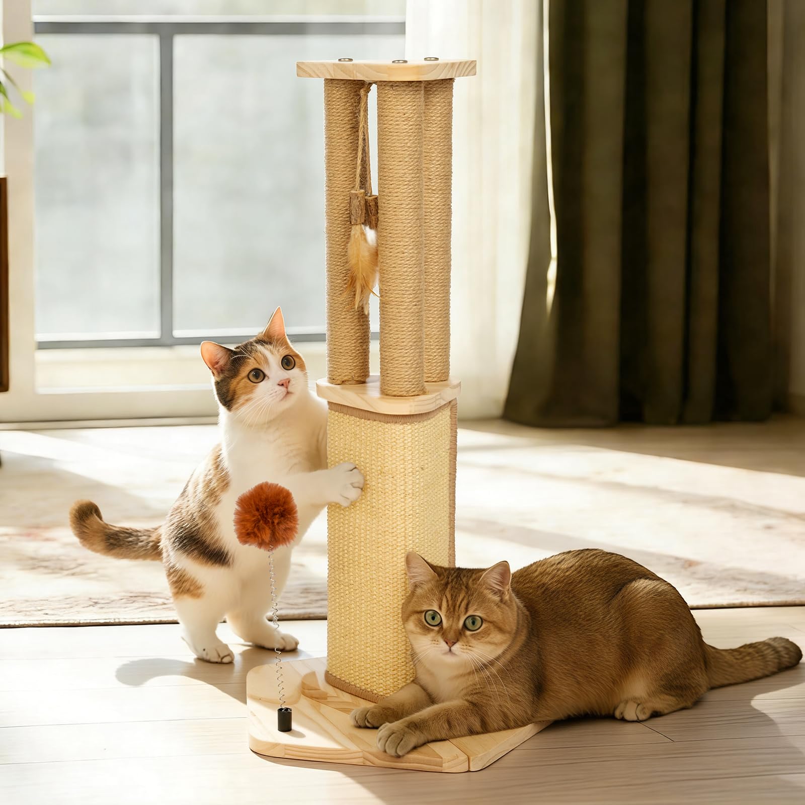 Pawtasy 67cm Cat Scratching Post for Indoor Cats | Pentagonal Anti-Tip Base 360° Sisal Scratcher with Interactive Toys for Large Cats & Multi-Cat Households