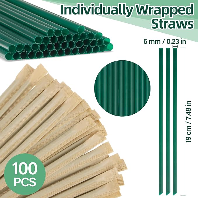 100 pitillos plásticos verdes individuales 19 cm 6 mm miniatura 2