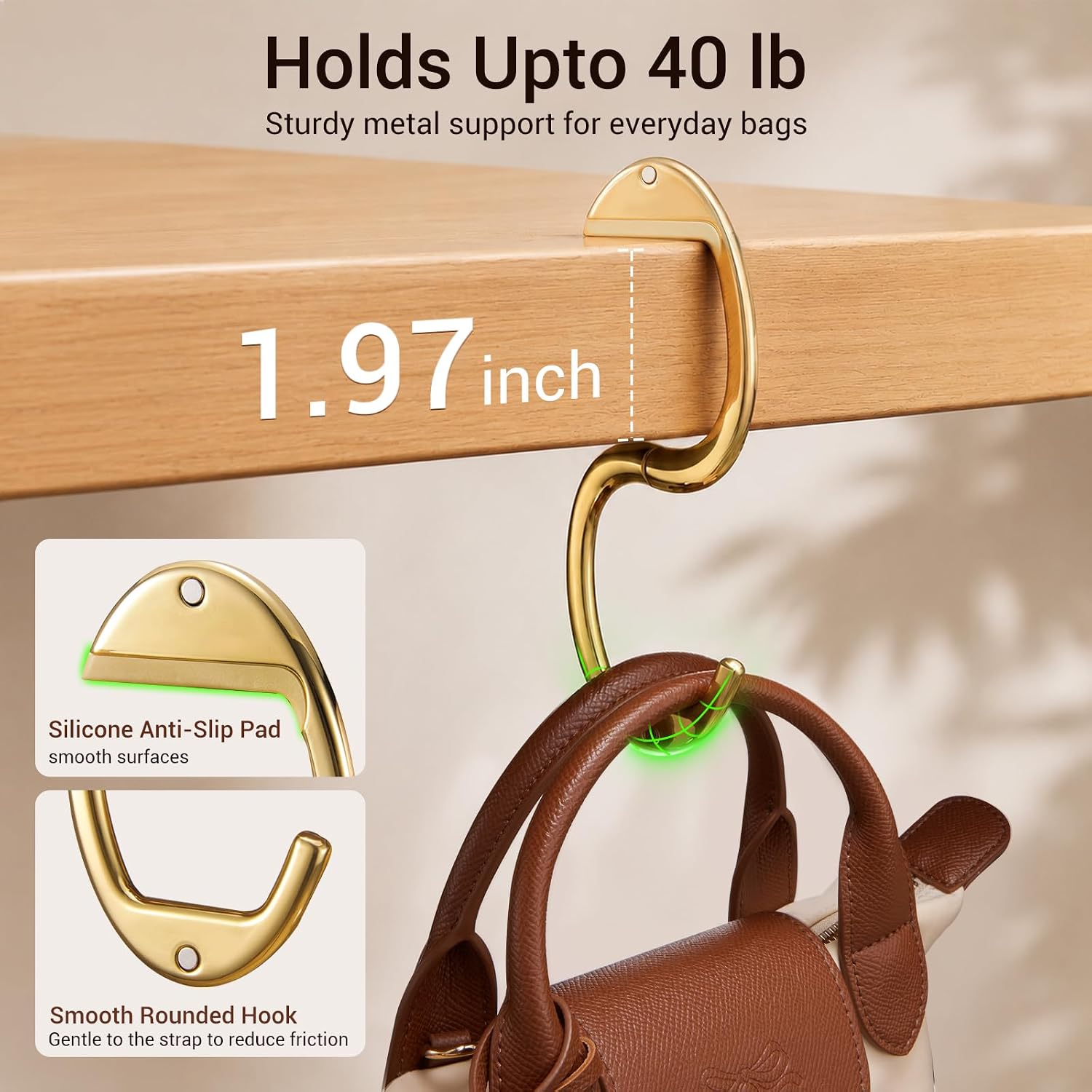 CoBak Portable Purse Hanger for Table - Newly Redesigned Magnetic Bag Hook, Deceptively Strong Handbag Holder Holds up to 50 lbs, Compact Travel & Dining Essential, Luxury Gift Box Included (Gold)