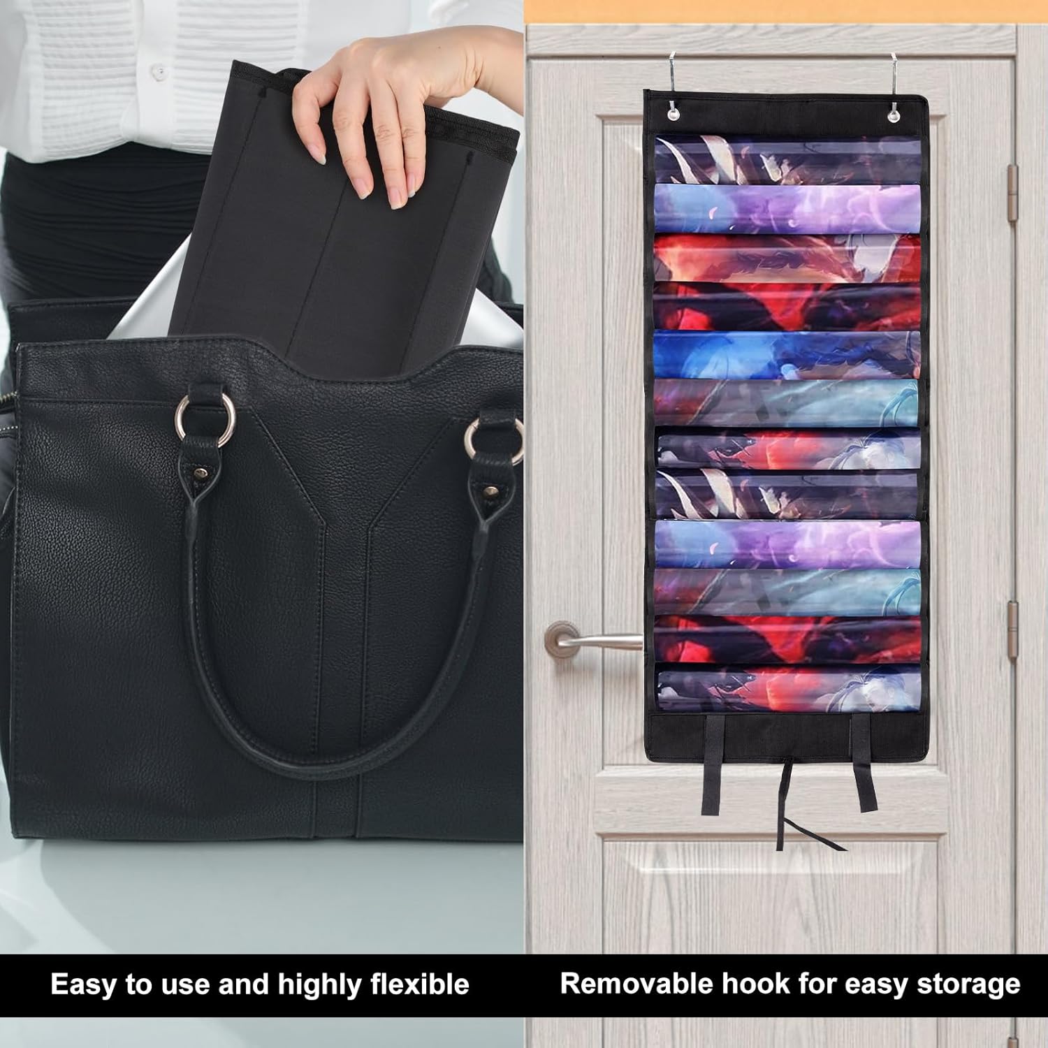 Playmat Holder for MTG/TCG/RPG, Portable Play Mat Tube Case Storage Bag Holds 12+1 Game Mats & Transparent Slots with 2pcs Hooks Ideal Hanging Organizer Accessories(Black)