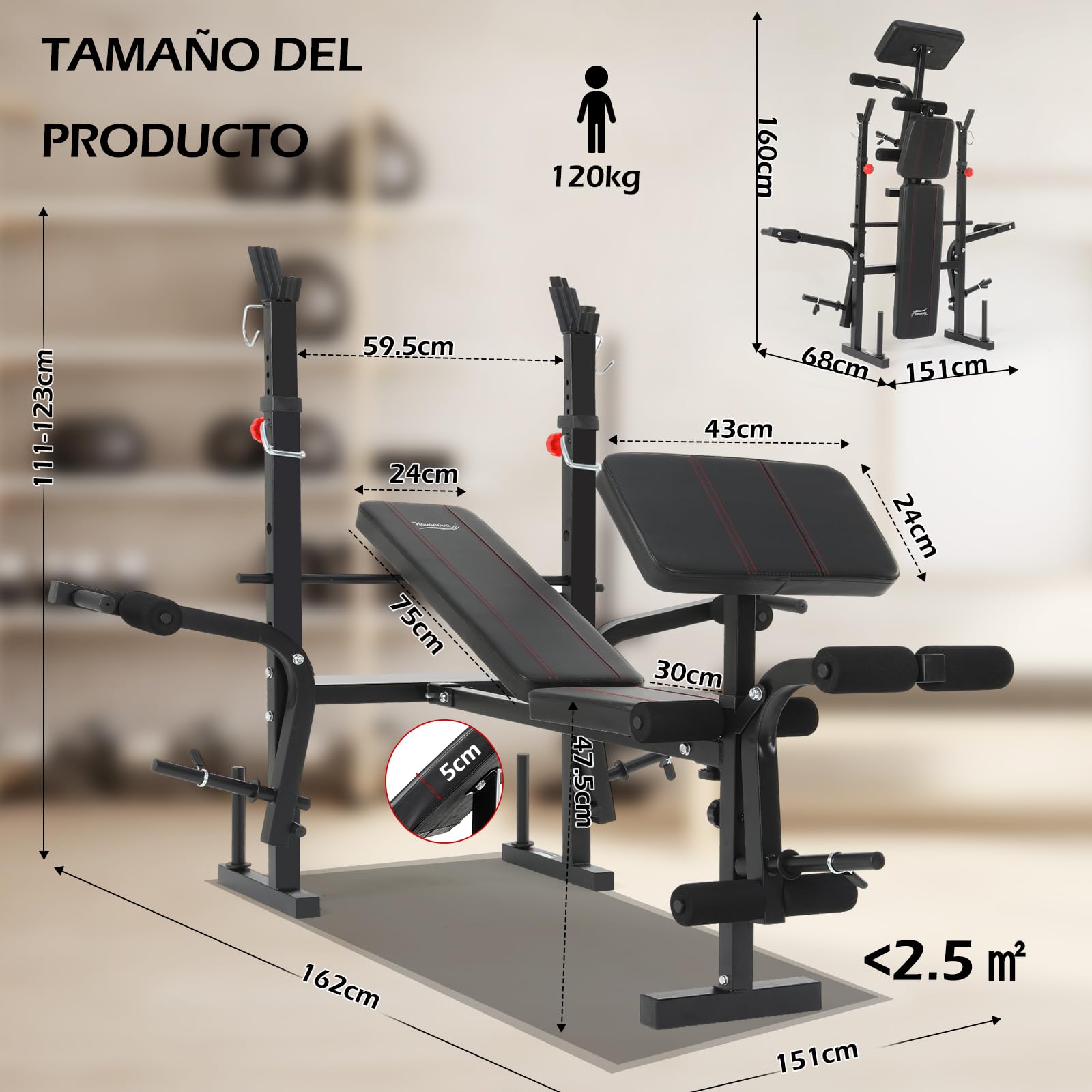Banco Musculación Plegable, Banco De Musculacion, Press Banca con Soporte para Barra para press de banca, Banco De Pesas Musculación Ajustable con respaldo, soporte para piernas