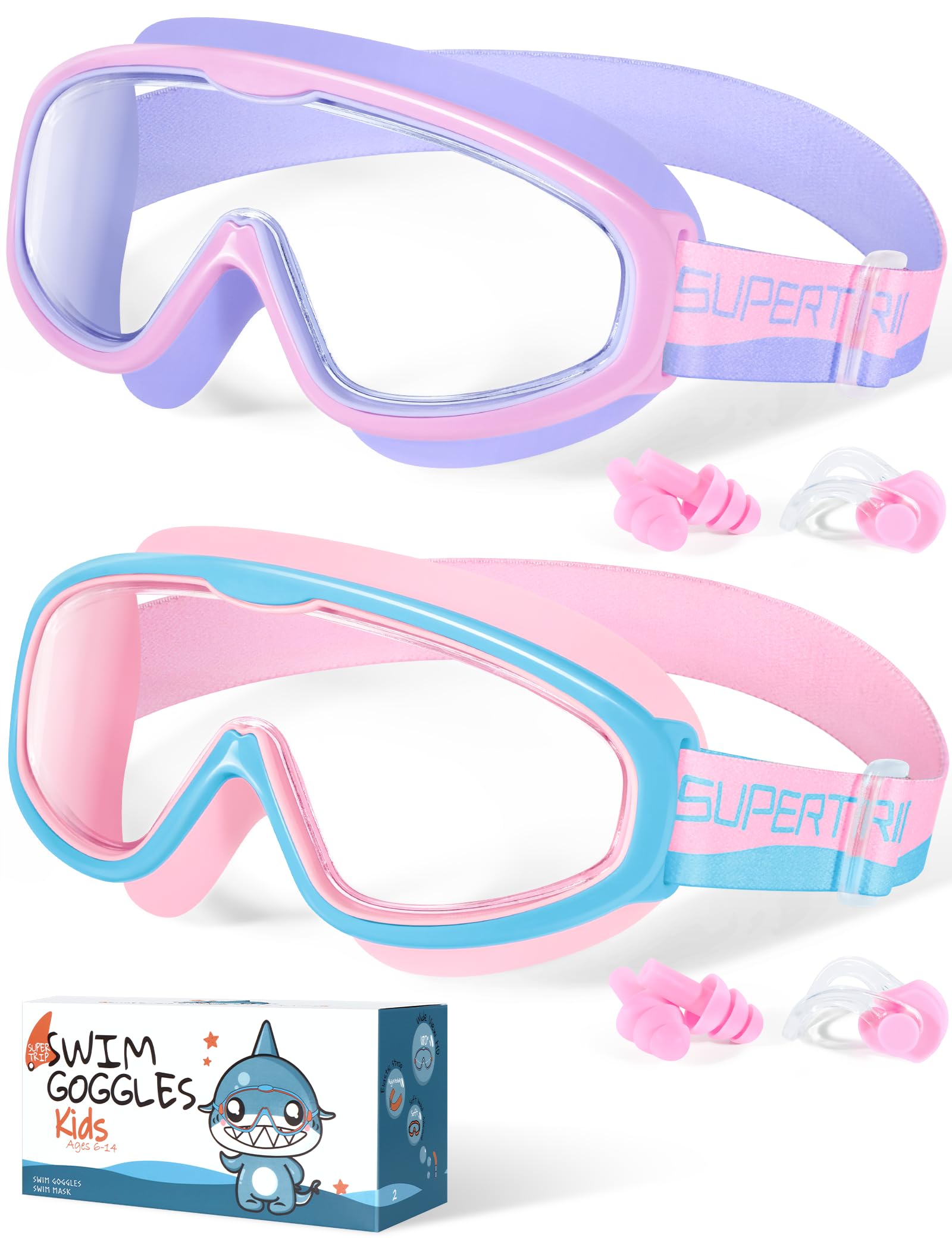 Supertrip Kids Swimming Goggles with Fabric Strap, 2 Pack Kids Goggles Anti-Fog UV Protection Leakproof Goggles for Kids 6-14