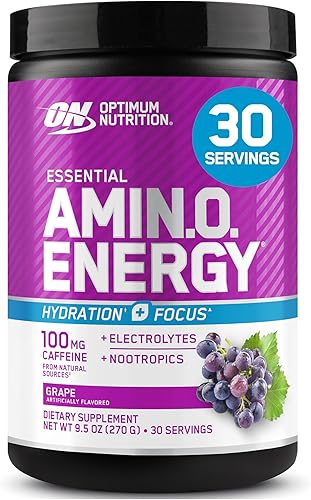 Vista 12 de Optimum Nutrition Amino Energy Powder Plus Focus, con BCAA, electrolitos y cafeína, sabor uva, 30 porciones (el embalaje puede variar)