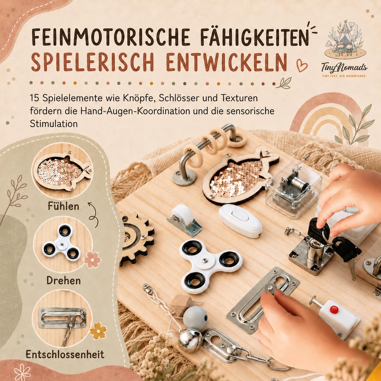 Montessori Busy Board aus Holz | Motorikbrett mit 15 Aktivitäten | Activity Board fur Kleinkind Beschäftigungsbrett Sensorik Lernspielzeug reisespielzeug Aktivitätsbrett