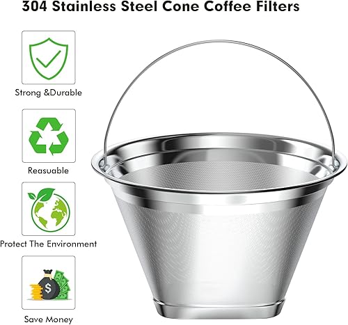 Miniatura 4 de Filtro de café reutilizable de acero inoxidable compatible con cafetera Ninja, 4 filtros de café de conos, filtros de café permanentes aptos para