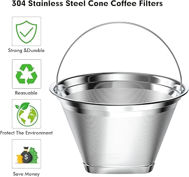Stainless Steel Reusable Coffee Filter Compatible with Ninja Coffee Maker, 4 Cone Coffee Filters Coffee Basket, Permanent Coffee filters fit for Ninja CFP201 CFP300