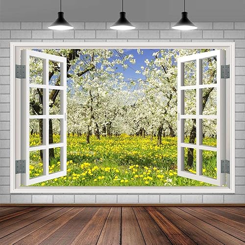 Telón de fondo de ventana de primavera, alféizar de ventana blanco, bosque verde, fondo natural para fotos, pancarta de fiesta de flores, decoración