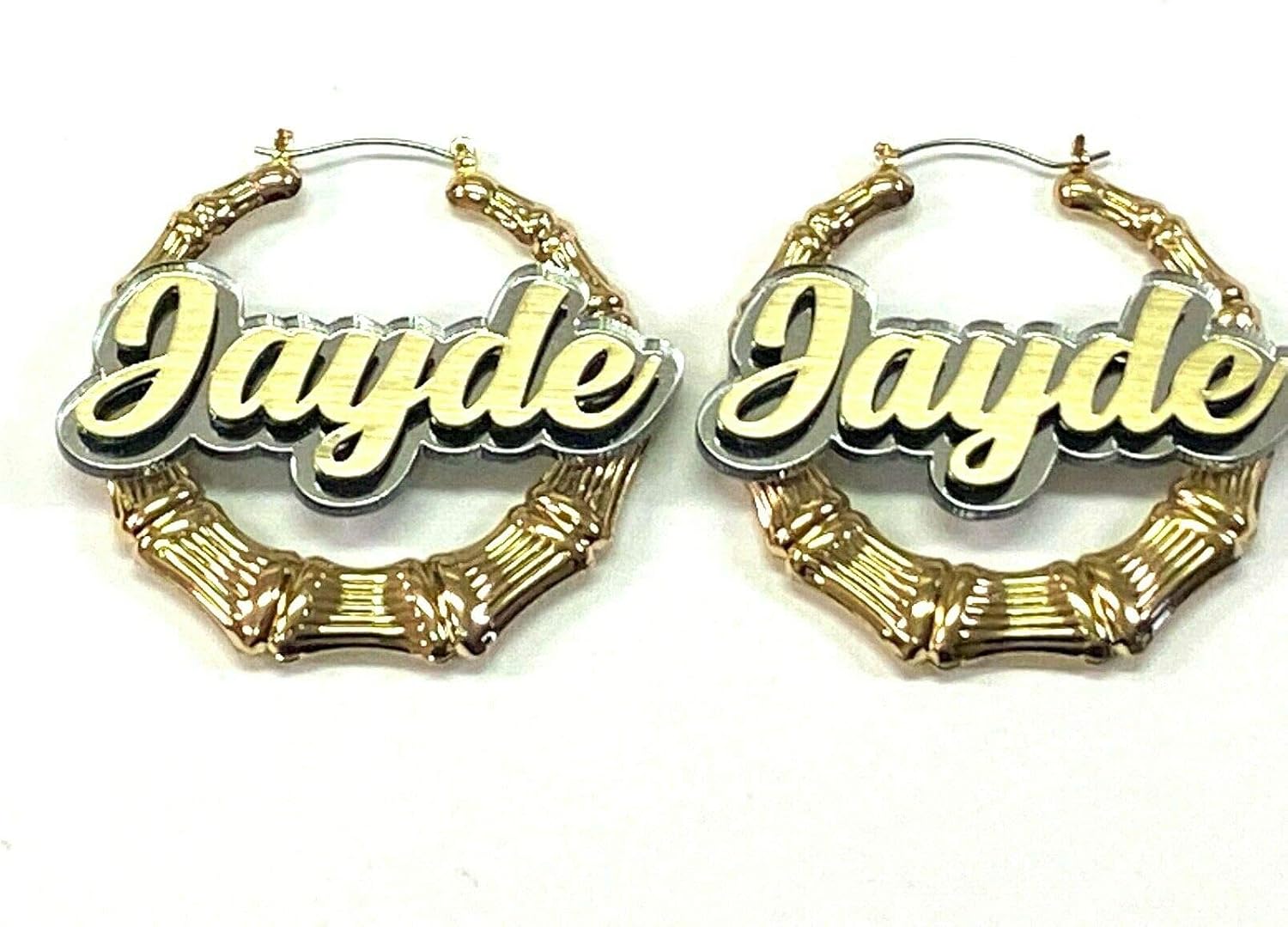 Bamboo Earrings Hoop Name Plate Personalized Custom Gold 1.5, 2.5, 3.5" Size and Background Color Choice Laser Cut Made To Order - Any Name Gold Script Cursive Letters Stunning, Quality, Attractive