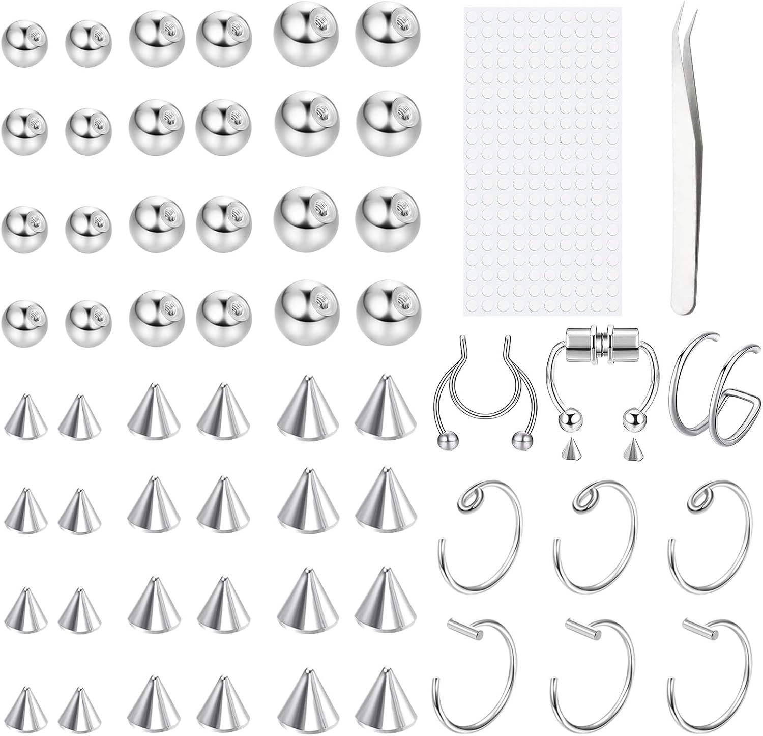 Fake Piercing Set Mit 54 Teilen - Nasenring Und Augenbrauen-Piercing Zum Aufkleben, 3-5mm Größen In Silber