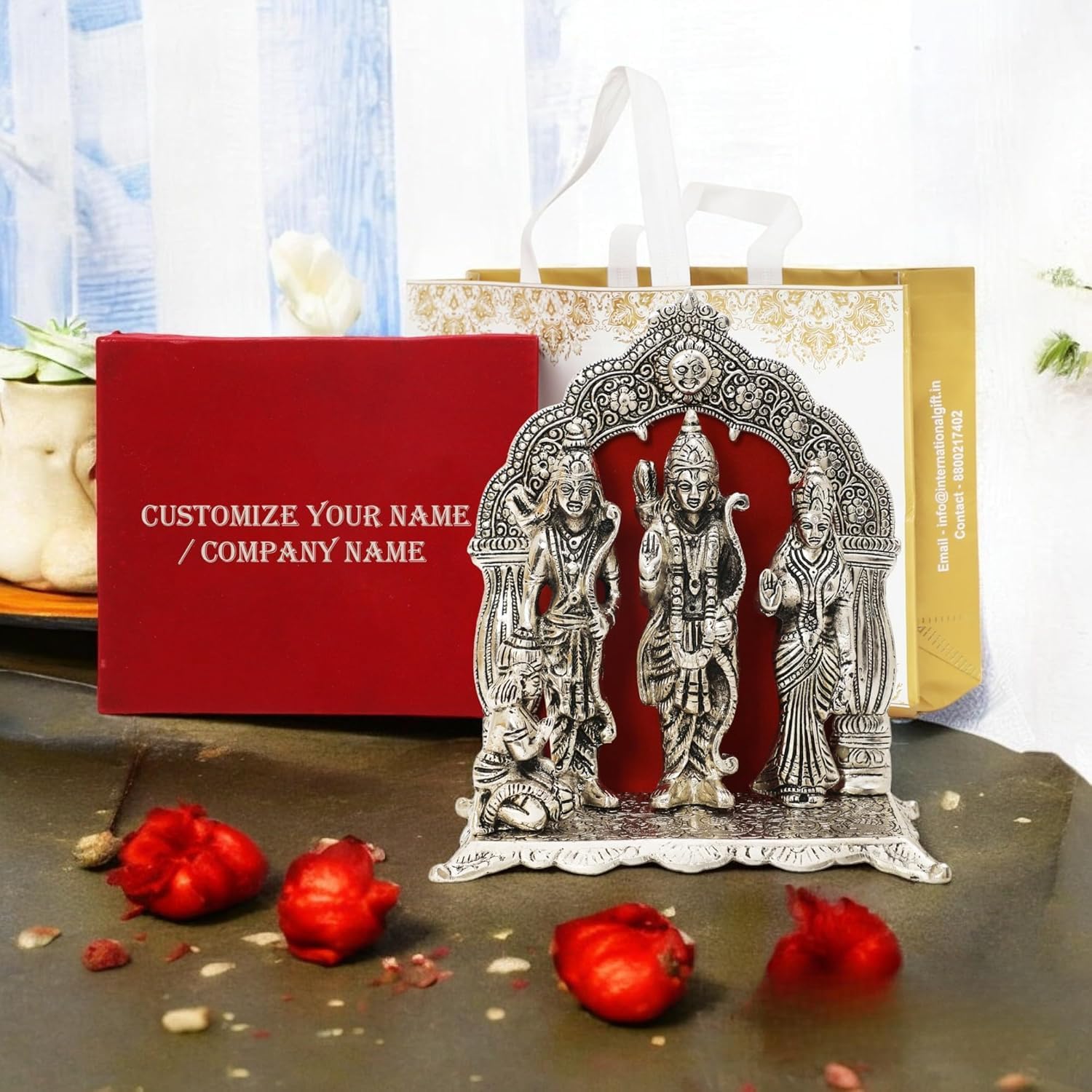 INTERNATIONAL GIFT Silver Ram Darbar Idol Showpiece | Customizable Name or Company Tag with Velvet Box & Carry Bag | Ideal for Weddings, Corporate Gifts, Diwali, and Home Decor