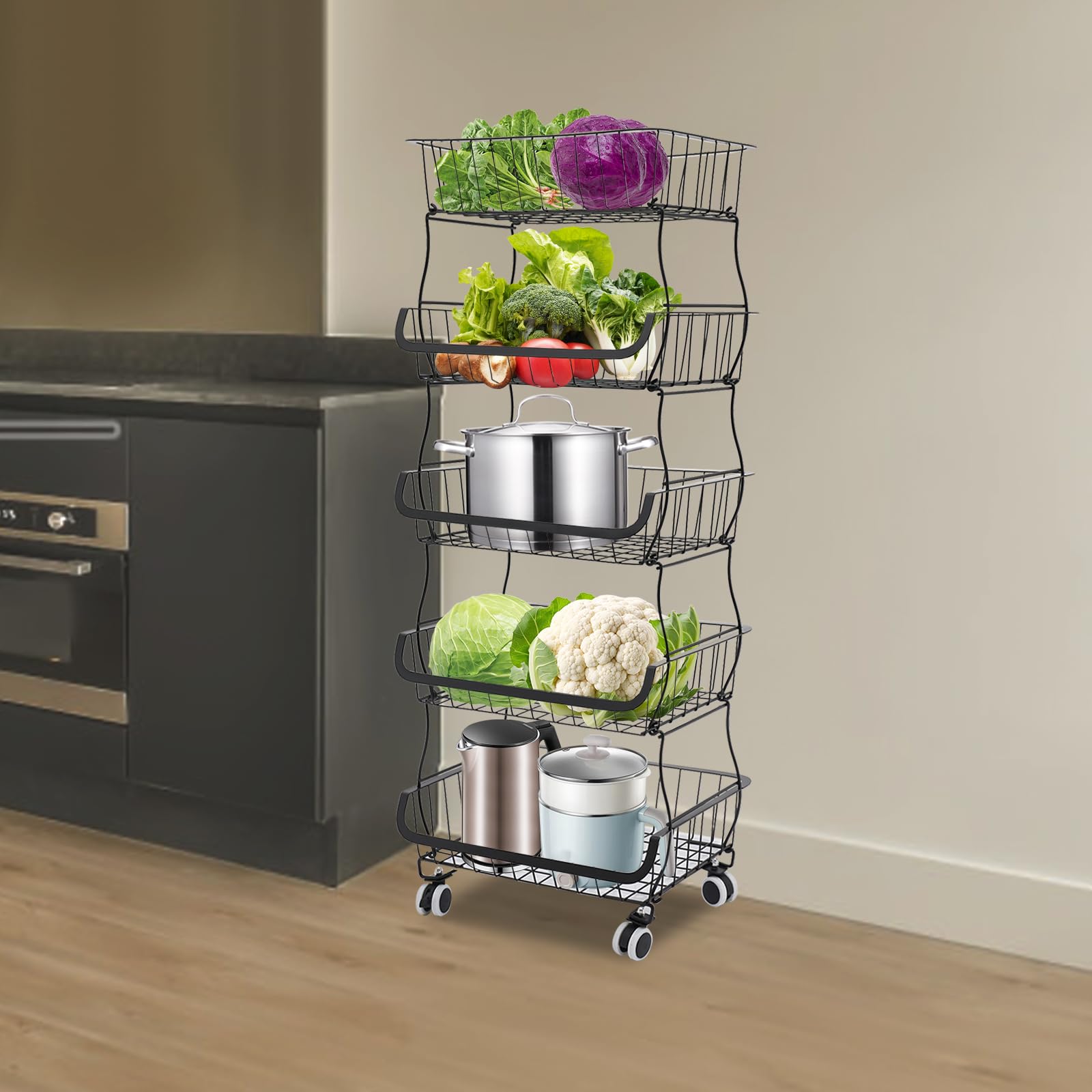 Carrito de cocina de 5 niveles, apilable, cesta de frutas, capacidad de carga de aproximadamente 22,05 libras, se puede mover a voluntad, diseño de rejilla y bandeja de recogida de agua, para colocar