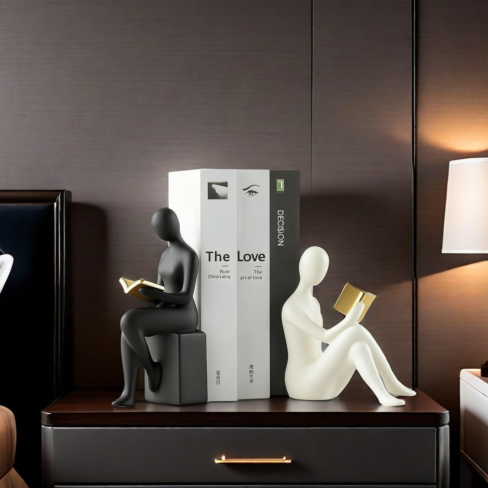 Fermalibri decorativi per la casa, con statua di donne e ragazze, elegante in resina, per libreria, ufficio, scrivania, fermalibri, set di 2 (bianco e nero)