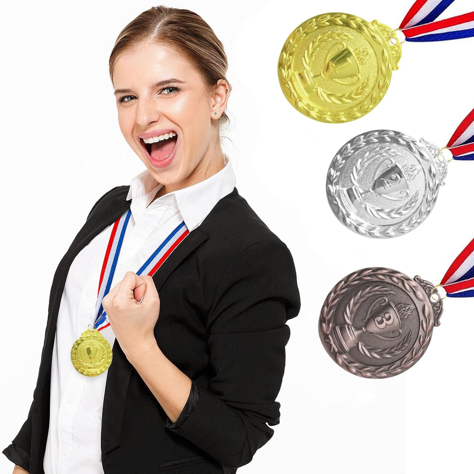 12 Pièces Médaille de Récompense, Médaille d'or Médaille d'argent Médaille de Bronze avec Rubans de Cou pour pour Les Compétitions,Le Sport, Style Olympique Diamètre env. 5,0 cm