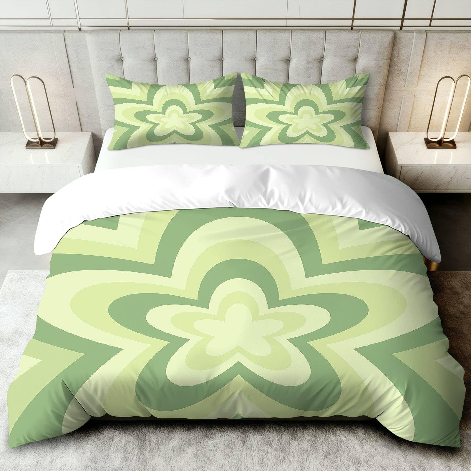 Housse de couette floral géométrique vert parure de lit 3 pièces 240x260