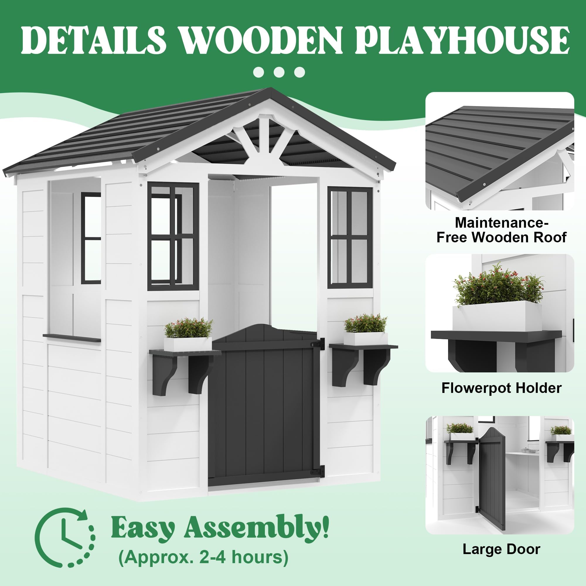 IDEALHOUSE Zedernholz Kinderspielhaus Outdoor - Landhaus-Cottage mit Veranda & Spielküche, Holländertür, Blumentopfhalter, wetterfestes Vinyl-Dach, einfache Montage - Weiß