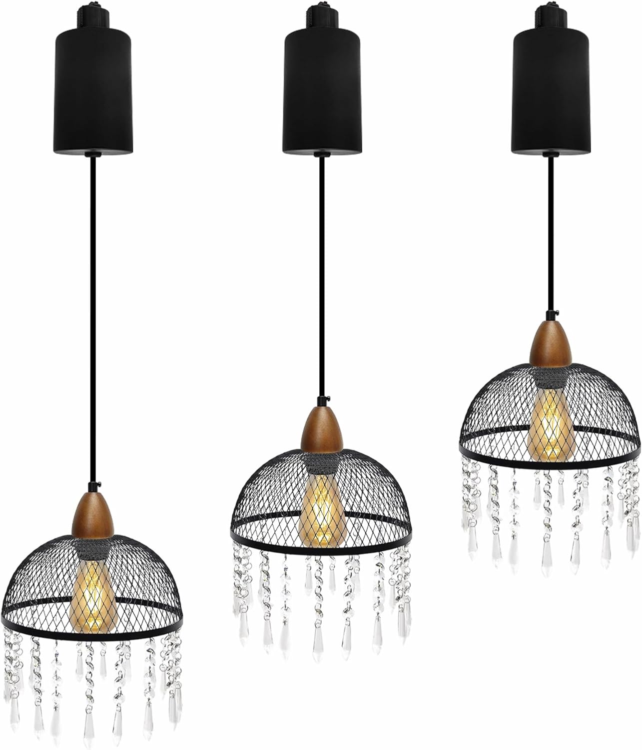Adjustable Height Halo Track Lighting Pendants, 4 Ft Cord, H-Type Dimmable Natural Wood Socket Black Metal Cage Chandeliers Crystal Design Lampshades for Kitchen Island Vaulted Ceiling