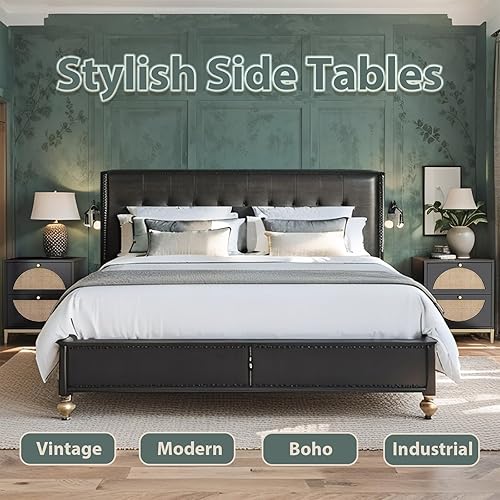 Miniatura 7 de Mesita de noche de ratán con 2 cajones, mesa auxiliar de madera de ratán tejido, mesa auxiliar rústica con almacenamiento, para sala de estar y