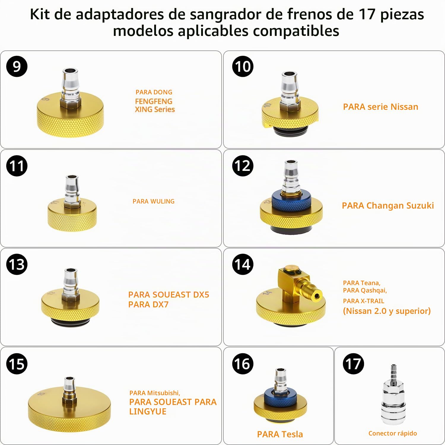 QWORK® Kit Adaptador de Purga de Frenos con acoplador rápido, Kit de 17 Piezas Conector de Cilindro Maestro Chapado en Oro para la Mayoría de los Vehículos