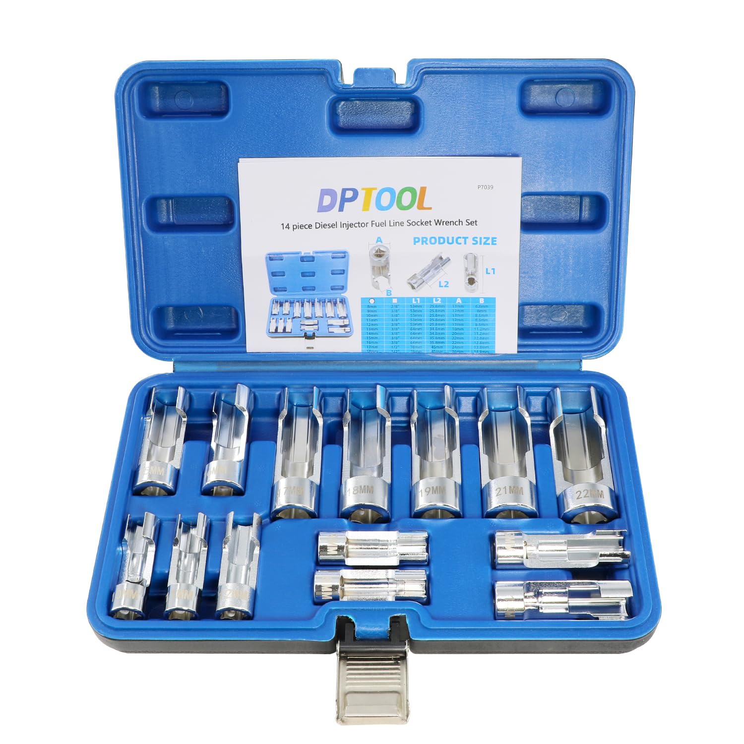 DPTOOL 14-teiliges Diesel-Injektor-Kraftstoffleitungs-Steckschlüssel-Set, metrisch, 8–22 mm, Schlagmutter-Steckschlüssel-Set, 3/8 Zoll, 1/2-Zoll-Antrieb, 5-Punkt-Vermeidung von Drahtmutter-Stecknuss