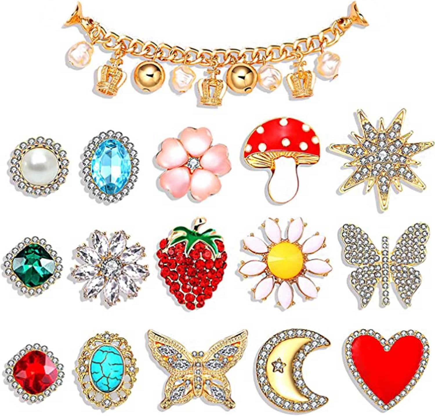 Shoe Charms, Rhinestone Crystal Shoe Charm Fits for Clog Sandals Enamel Metal Shell Heart Shoe Decoration Charms for Women Birthday Party Favors
