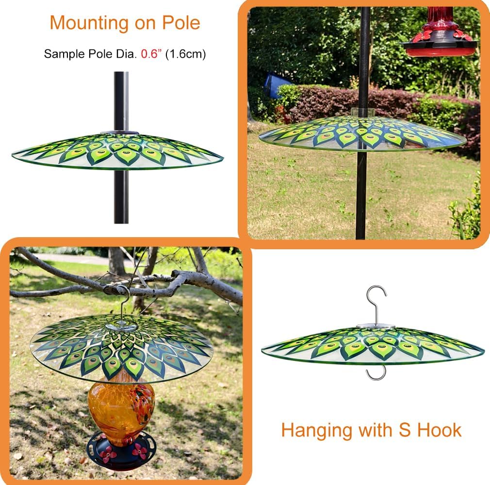 13" Glass Rain Cover for Bird Feeder Outdoors - Baffle on Shepherd Pole/Post or S Hook Hanging - Large Weather Guard Protective Dome - Dia. 33CM - Peacock Feather