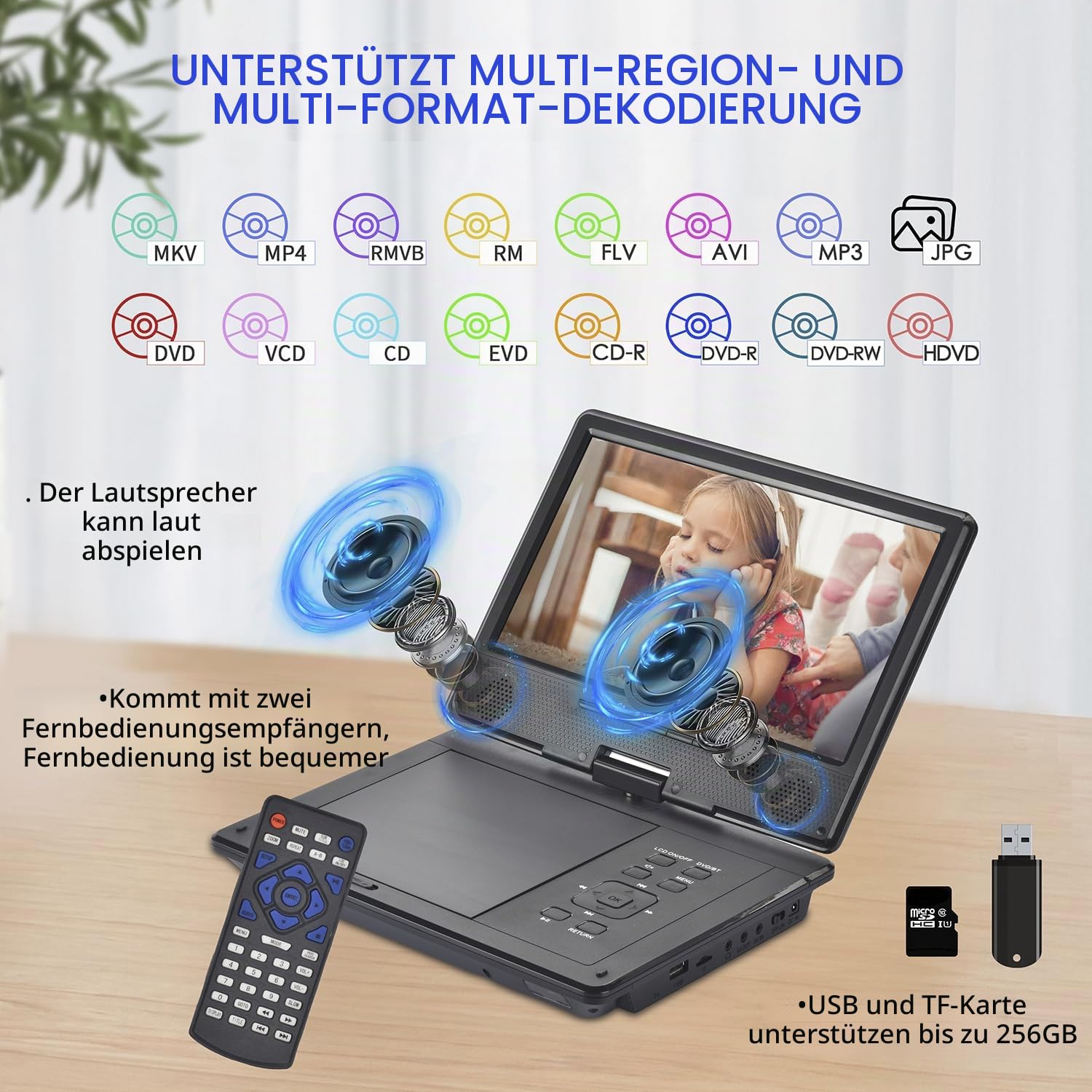 YOOHOO 12,5" Tragbarer DVD Player Bluetooth mit 10,5" HD Bildschirm für Kinder,für unterwegs,Auto Fernseher für kopfstütze, alle Regionen kostenlos, Wiedergabe Aller Formate MKV/MP4/WAV/CD/1080P