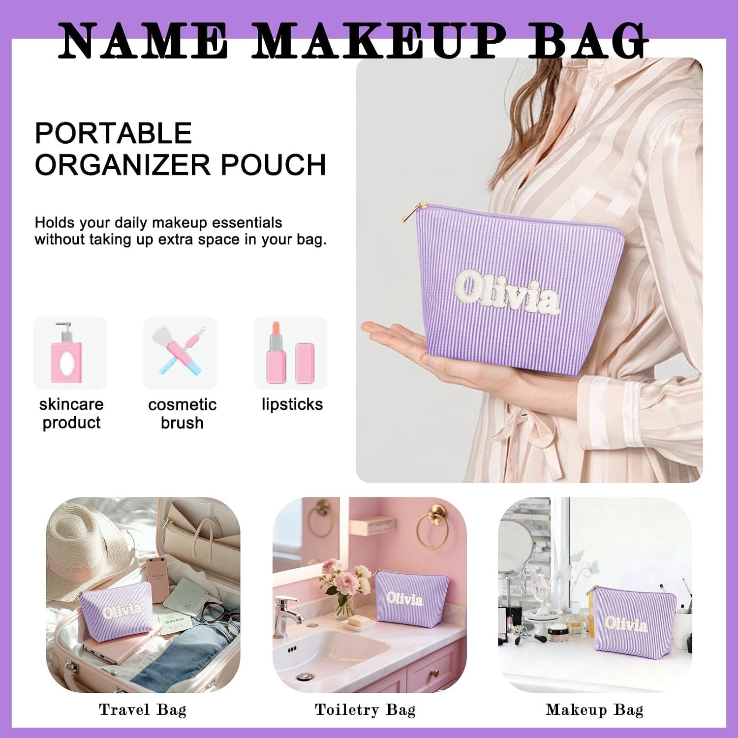 Name Makeup Bag Set for Women, 2PCS Purple Striped Cosmetic Bags with Full Name Patch, Pre-Made Personalized Makeup Pouch, Travel Toiletry Bag Gift for Teen Girls & Women image 3