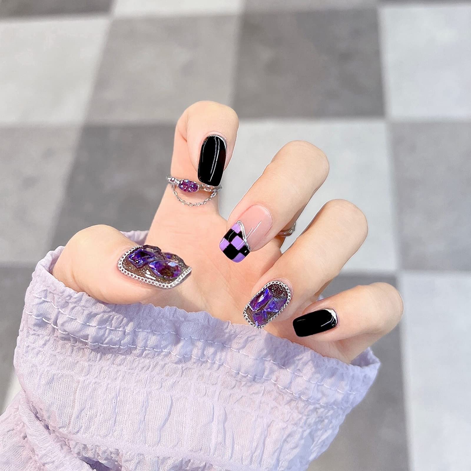 Light Rain Medium Press on Nails - Cola on the Rocks, 3D Chain Handmade Luxury Reusable Seven Layers Gel UV Finished False nails, Fake Nails by Professional Manicurist, Medium Square, Medium Size