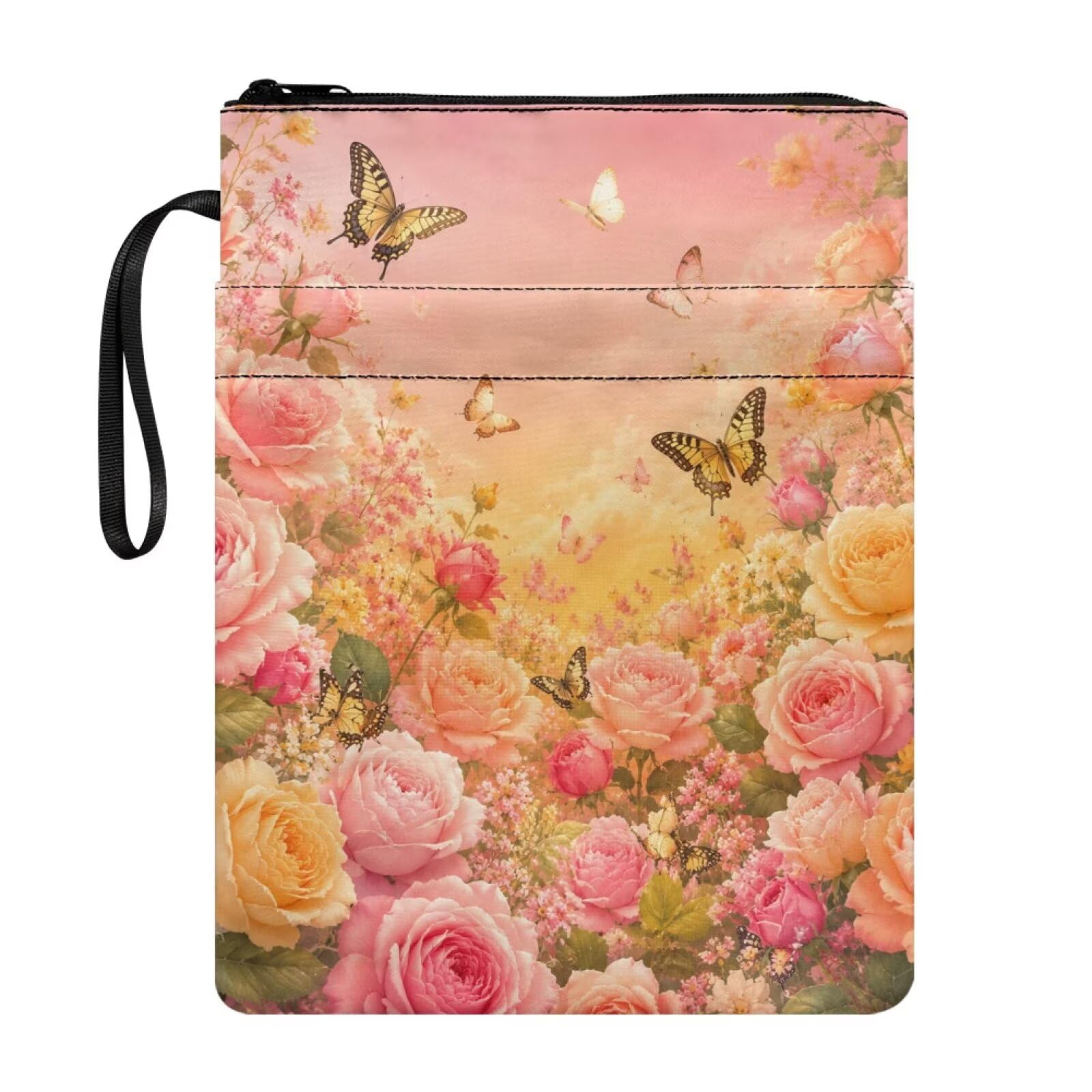 Poceacles Polyester Book Sleeve for Textbooks, Paperbacks, Notebooks, Reading Accessories Book Pouch for Travel School, Pink Rose Butterfly Pattern