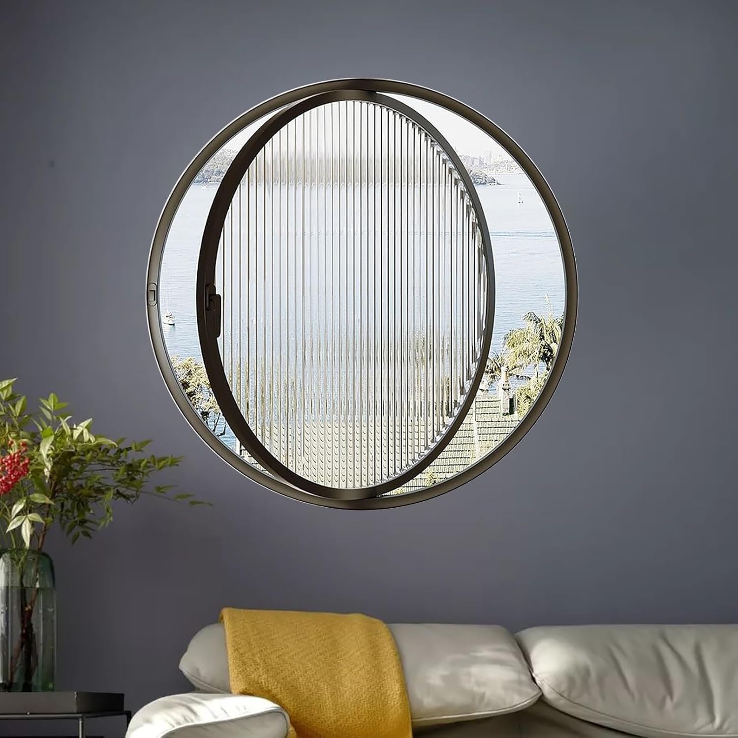 Rotating Ventilation Window,360° Rotating Round Canopy Window - Aluminum Alloy Porthole with Striped Tempered Glass, Decorative Ventilation Window with Handle, White, 60cm - Perfect for Mode