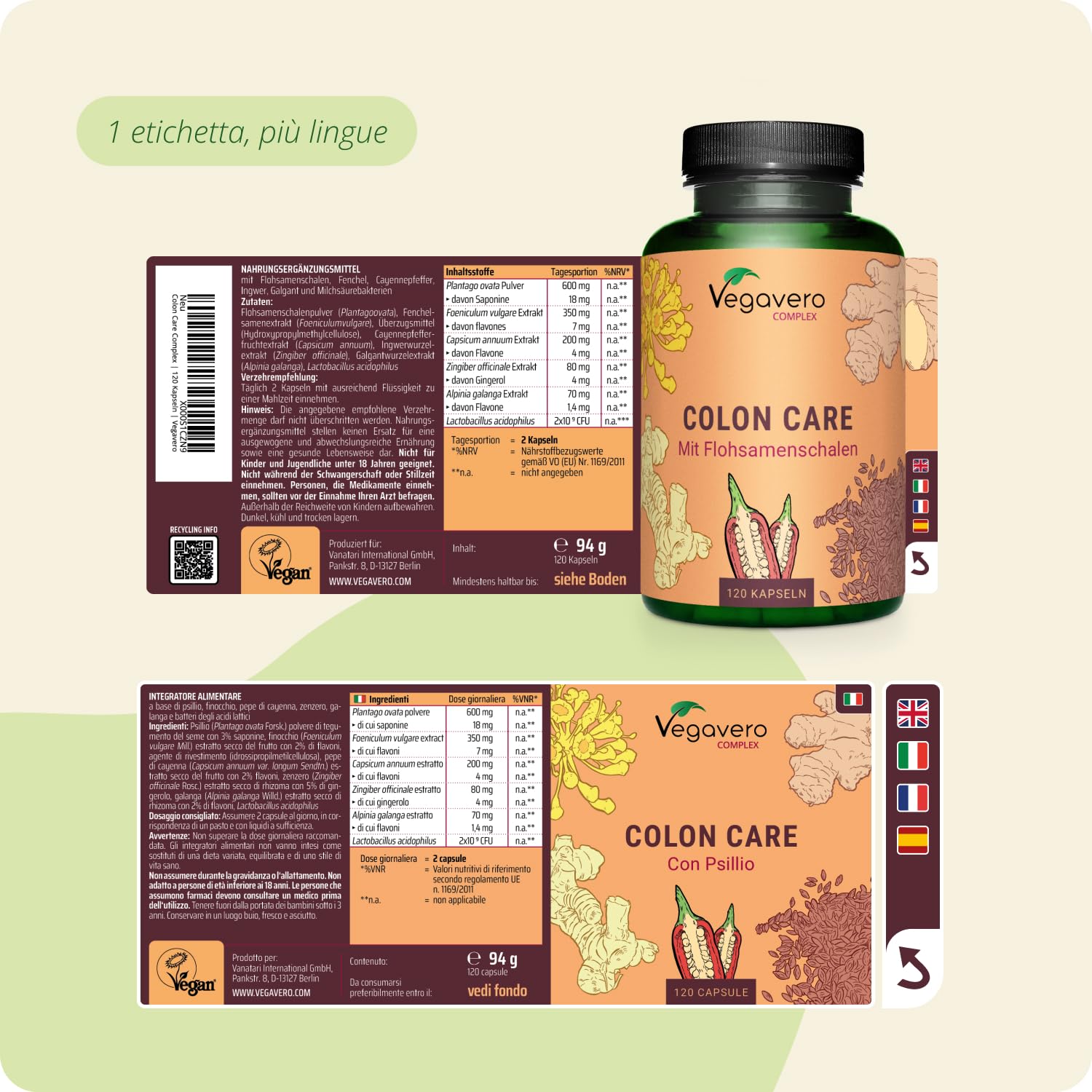 COLON CARE | 120 capsule | 100% Naturale con Psillio, Zenzero, Finocchio e Fermenti Lattici | Prodotto in Germania | Vegan e Senza Additivi | Vegavero