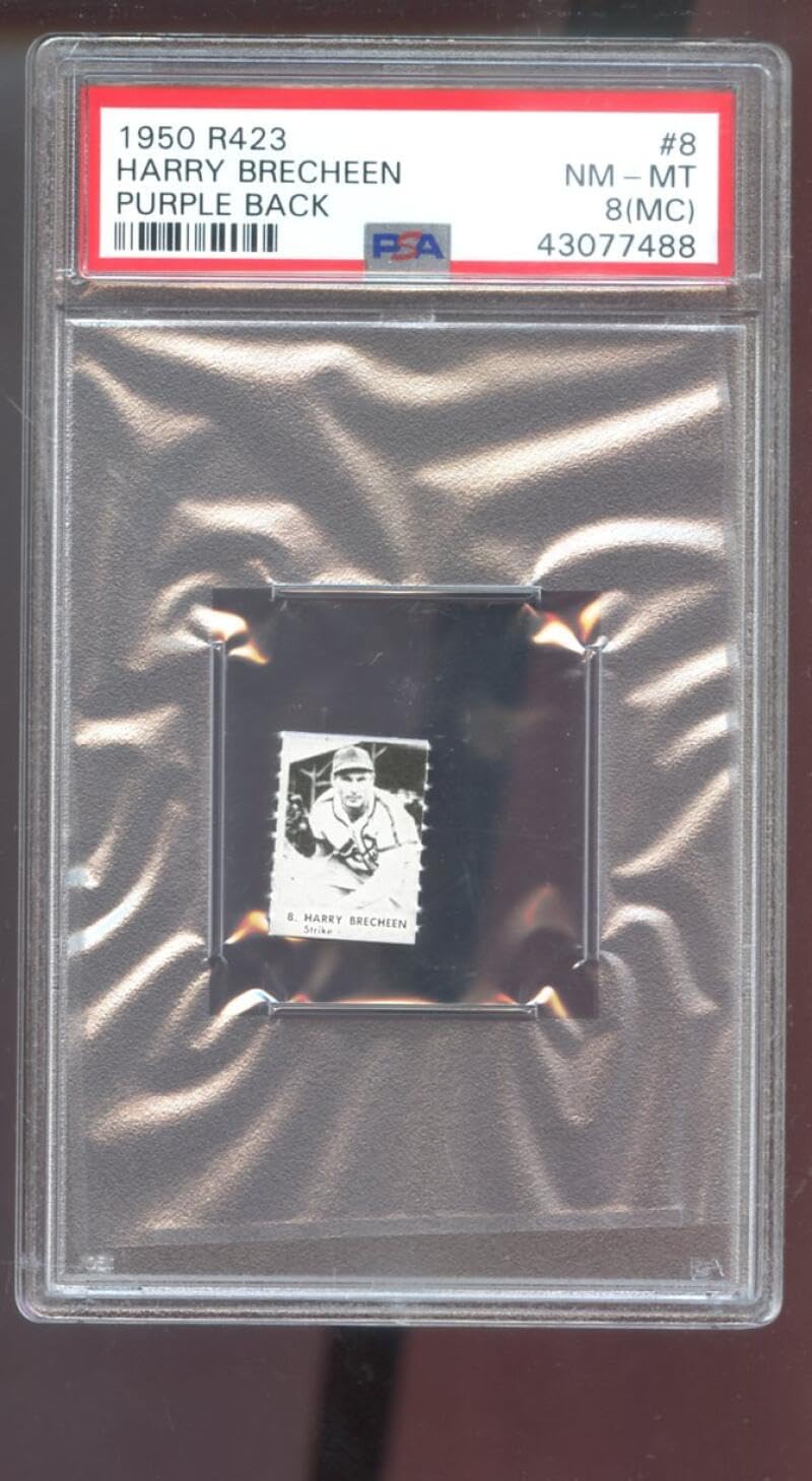 1950 R423#8 Harry Brecheen PSA 8 (MC) Graded Baseball Card Game Strip Purple Bk