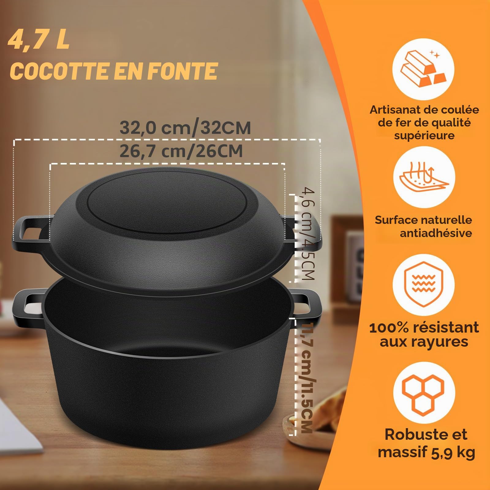 NZQXJXZ Casserole en Fonte pour la Cuisson du pain, 26cm Cocotte en Fonte avec Couvercle pour La Cuisson au four, Marmite 2 en 1 avec Poêle, 4.7L