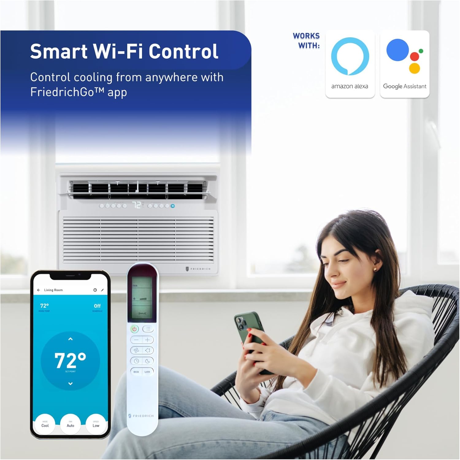 A person using a smartphone to control a Friedrich Chill Premier Inverter air conditioner via the FriedrichGo™ app, with icons for Amazon Alexa and Google Assistant compatibility.