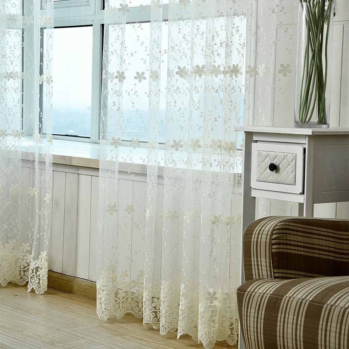 Ivory Lace Curtains Babysbreath Floral Sheer Curtain Embroidery Grommet 2 Panels for Dining Living Room Light Filtering Transpatent Voile Tulle Window Treatment Set , Each Panel 75 x 102 inches Long