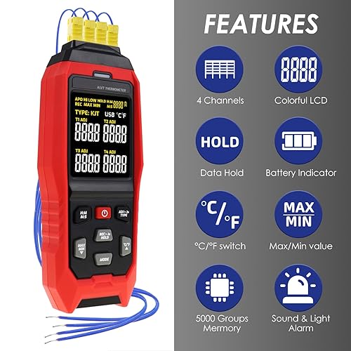 Miniatura 4 de Termómetro de termopar registrador de datos de temperatura, termómetro tipo K/J/T de 4 canales con 5000 grupos de registro de datos y exportación