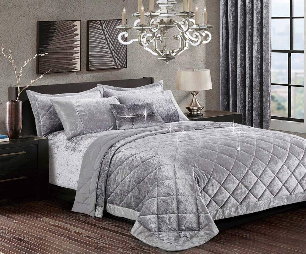 Householdfurnishing 3 Piece Crushed Velvet Bedspread/Comforter with pillow Shams (Santiago/Silver, King)