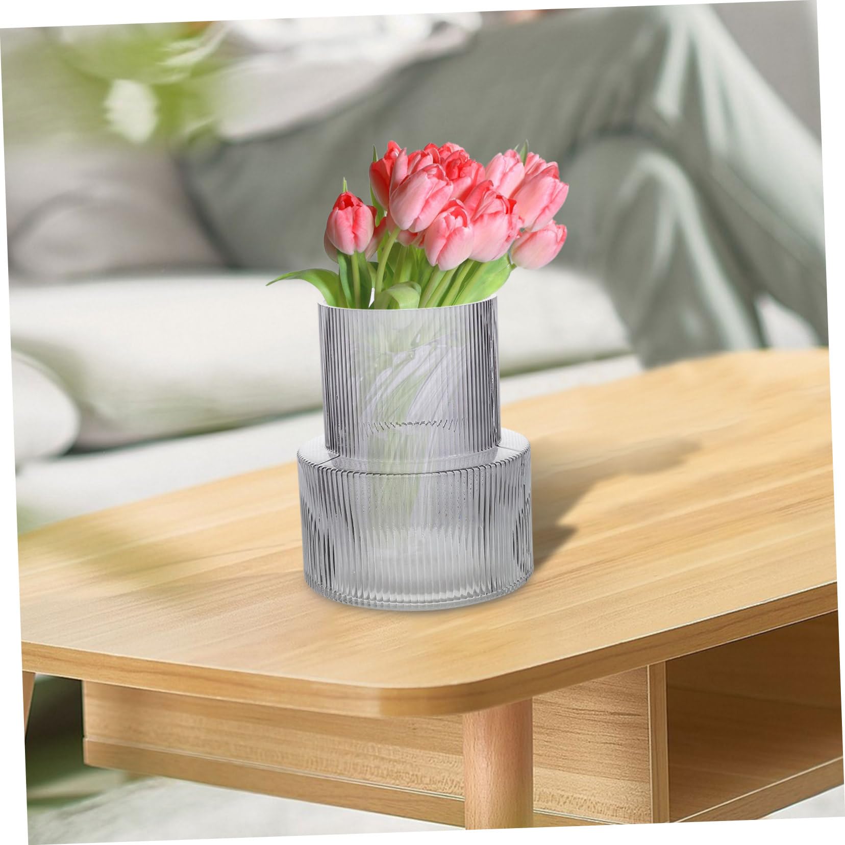 Vase Décoratif en Verre Côtelé Gris pour Fleurs, Table et Maison