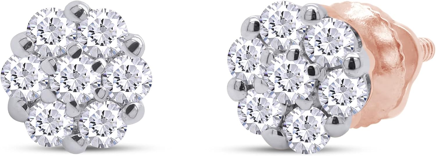 SAVEARTH DIAMONDS 1/10 ct to 1/2 ct, 10K Solid Gold Lab Created Moissanite Diamond Flower Cluster Stud Earrings Round Shape Screw Back Prong Setting, (0.10-0.50 cttw, Color-G-H, Clarity-VVS1)