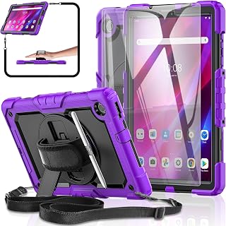 BASE MALL Tablet Case for Lenovo Tab K10 Case 10.3 inch 2021/M10 FHD Plus 2nd Gen Rugged Case 2020 with Tempered Glass Screen Protector, Rotating Kickstand/Pencil Holder/Hand & Shoulder Strap (Purple)